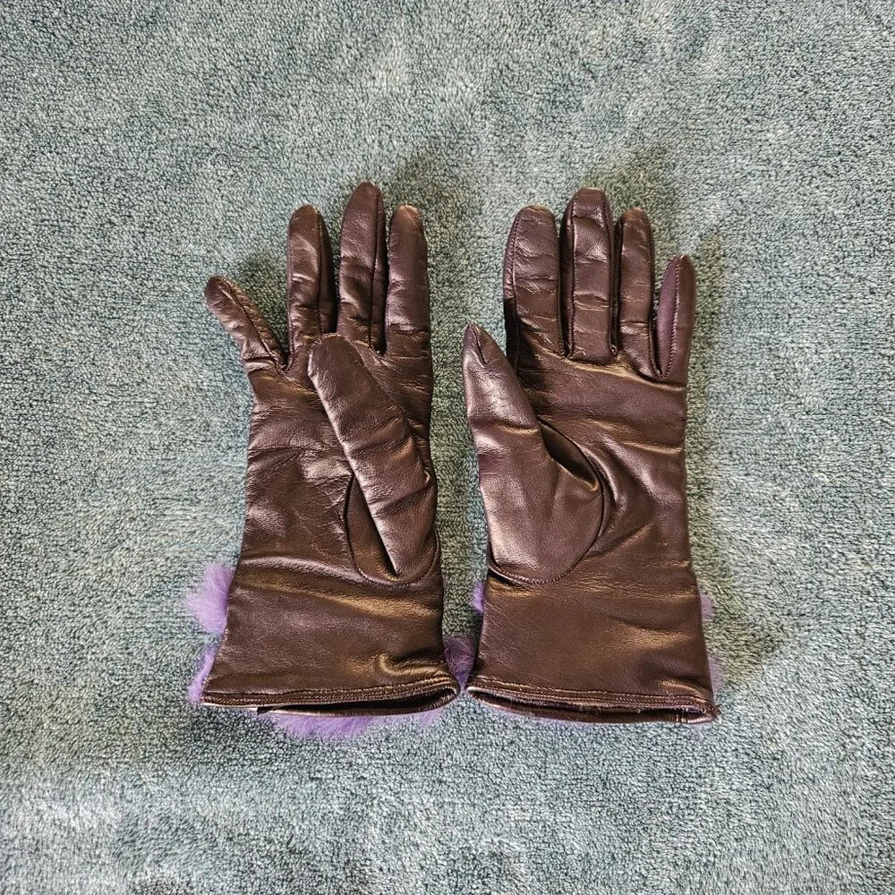 Cashmere by Bloomingdale's Purple Leather Gloves w/fur trim - Picture 6 of 9